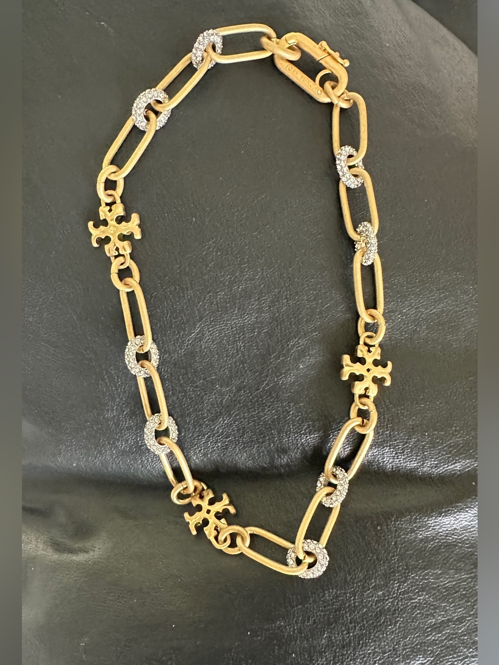 Tory Burch Roxanne Chain Crystal Logo Choker Necklace Gold